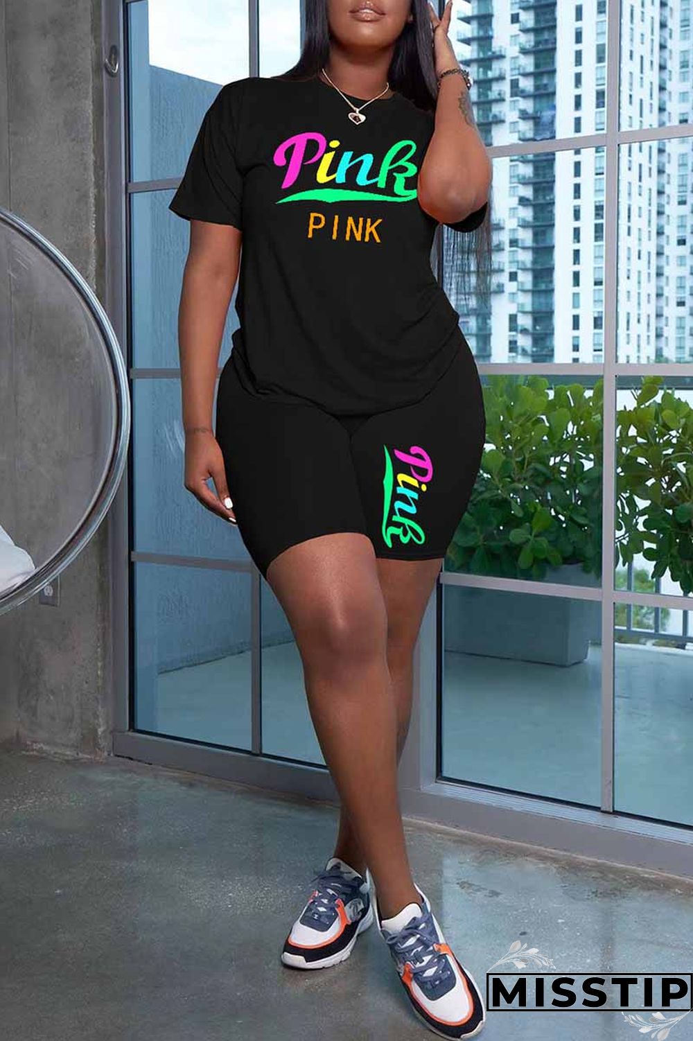 Grey Casual Print Letter O Neck Short Sleeve Two Pieces