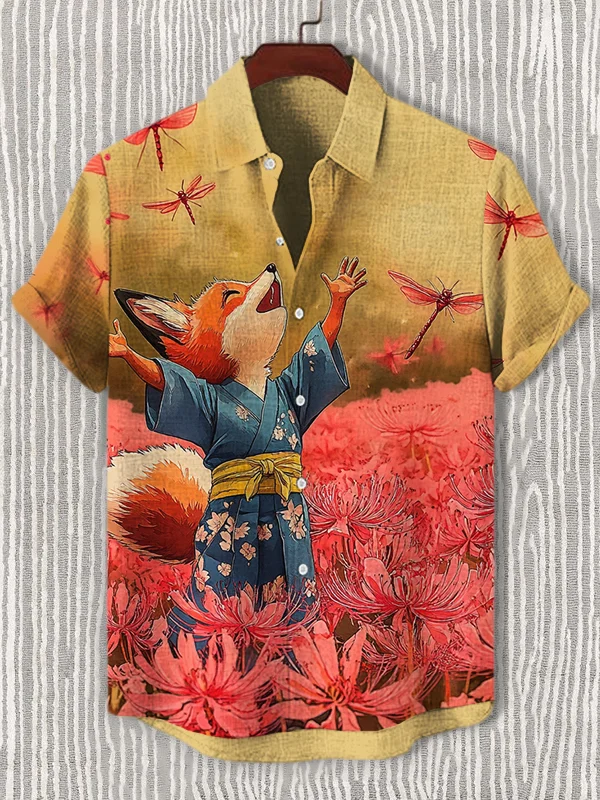 Men's Flower Field Fox And Dragonflies Print Short Sleeve Shirt