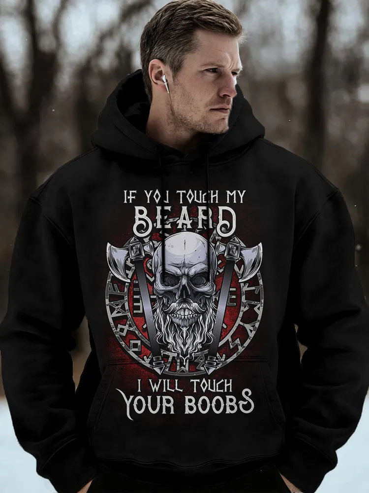 Men's Viking Beard Skull Runes Vintage Cozy Hoodie