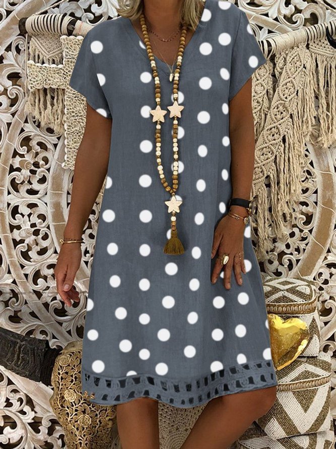 Women V-Neck Short Sleeve Hollow Polka Dot Summer Dress Zaesvini