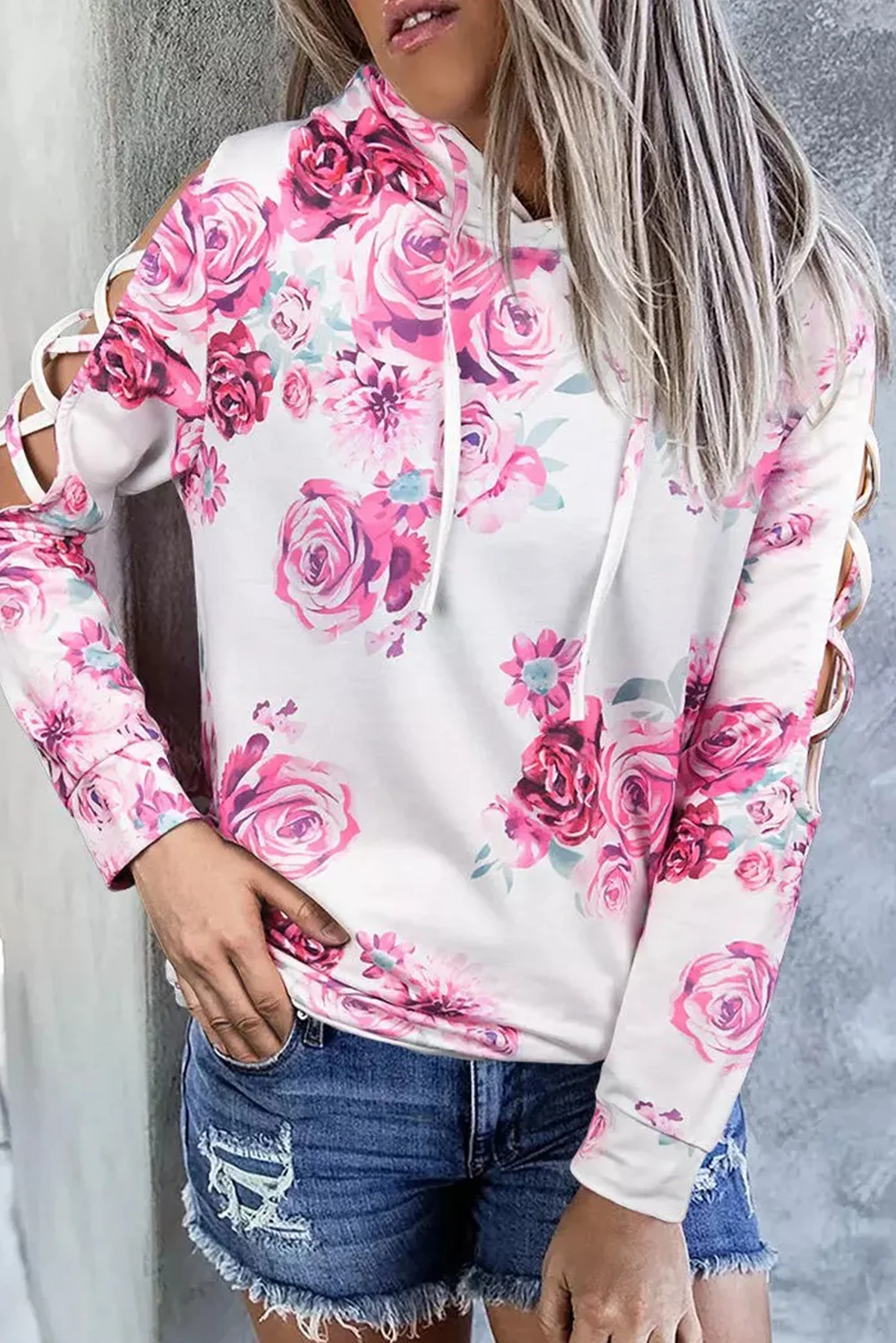 White Floral Print Criss-Cross Cold Shoulder Hoodie | IFYHOME