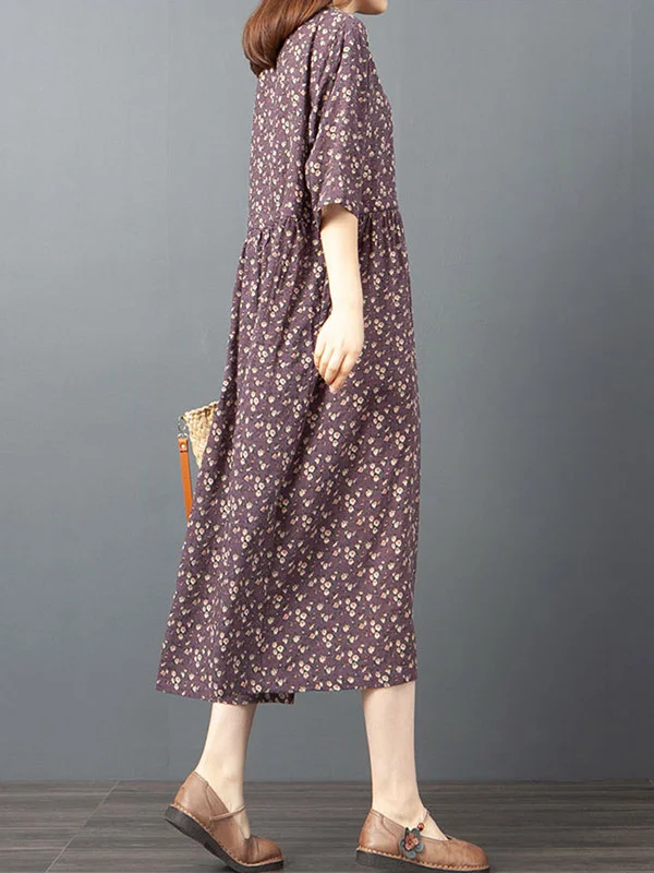 Original Split-Joint Floral Stamped Half Sleeve Midi Dress