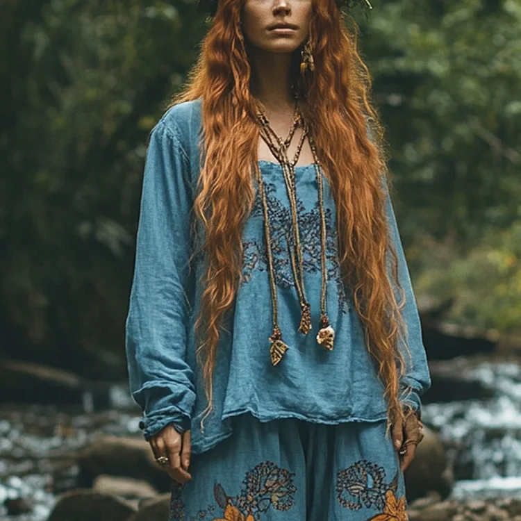 Bohemian Holiday Style Vintage Embroidered Floral Totem Print Casual Top