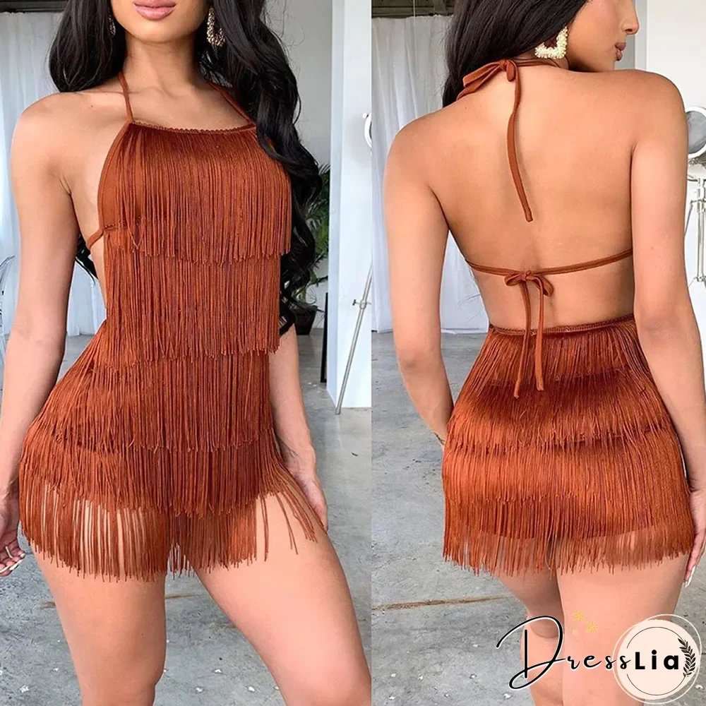 Women's Wedding Halter Mini Dress With White Tassels Off-the-shoulder Elegant Party Evening Dress