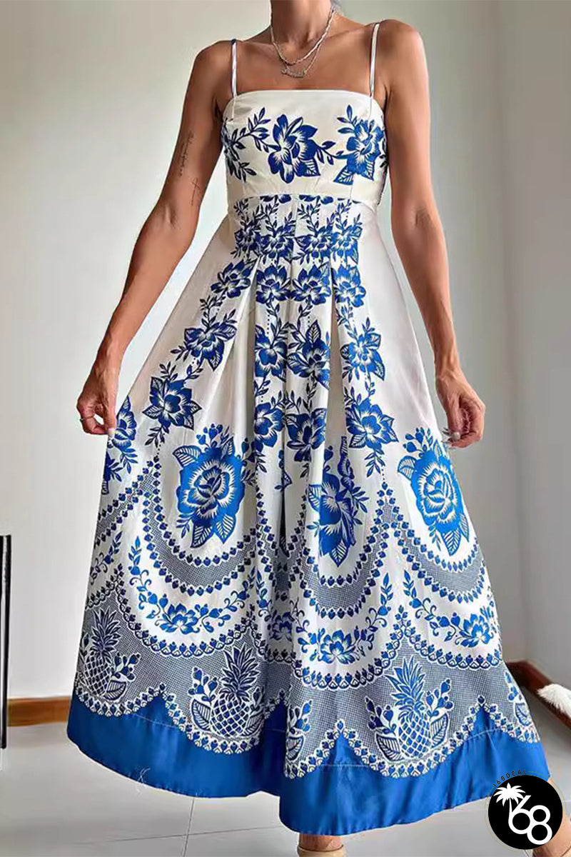 Casual Vintage Print Flowers Patchwork Square Collar Printed Dress Dresses | 168DEAL