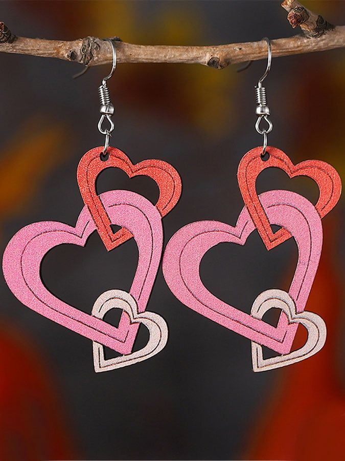 Valentine's Day Hollow Heart Series Wooden Earrings