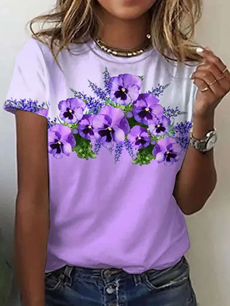 VChics Women's Purple Flower Alzheimer's Awareness Support Casual O-Neck Tee