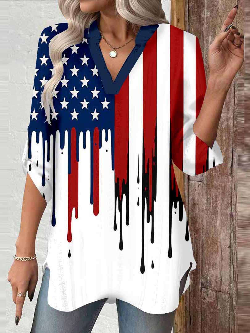 Women  Independence Day, Star, Striped, Blue, Red DZGA0239 3/4 Sleeve V-neck Printed Graphic Button Tops