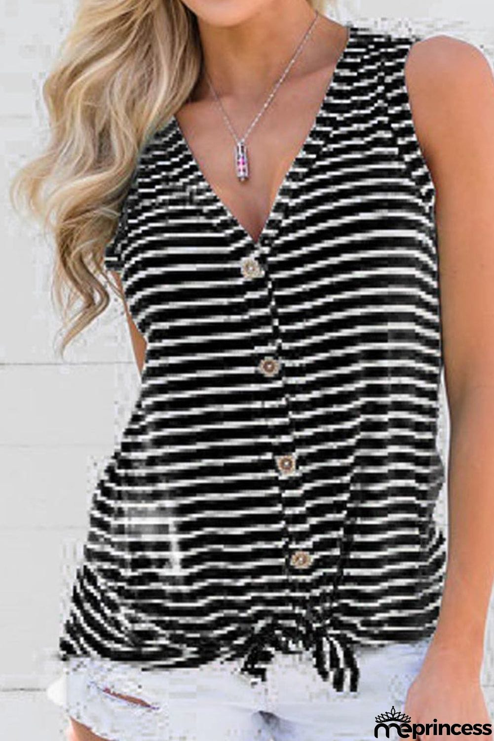 Stripe Print V Neck Buttoned Tie Knot Tank