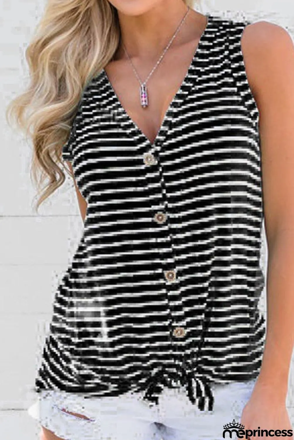 Stripe Print V Neck Buttoned Tie Knot Tank