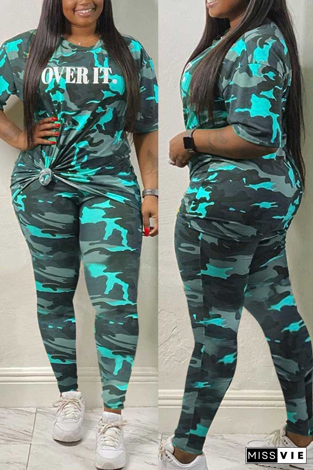 Casual Camouflage Print Plus Size Set