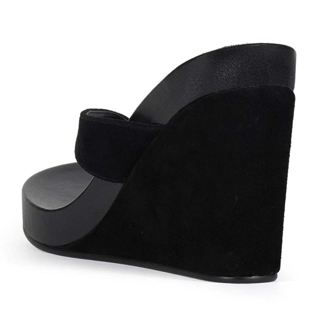 Black Vegan Suede Open Toe Wedge Heel Platform Flip Flops for Women