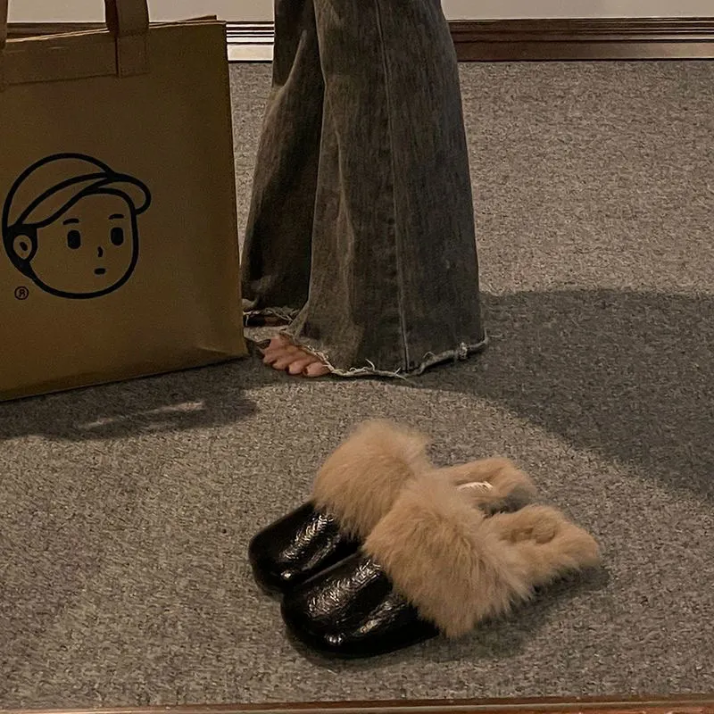 Breakj Breakj Wool Head Half Slippers Women Wear Plus Plus Velvet 2025 New Autumn And Winter Square Head Muller Plush Warm Cotton Drag