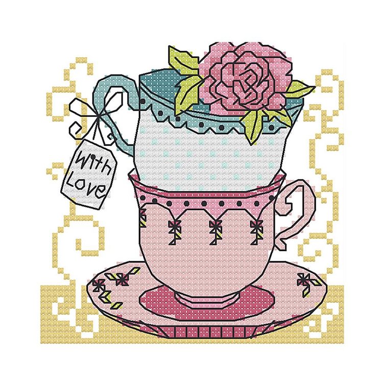 Joy Sunday - Teacup - 14CT 2 Strands Threads Printed Cross Stitch Kit - 15x15cm(Canvas)