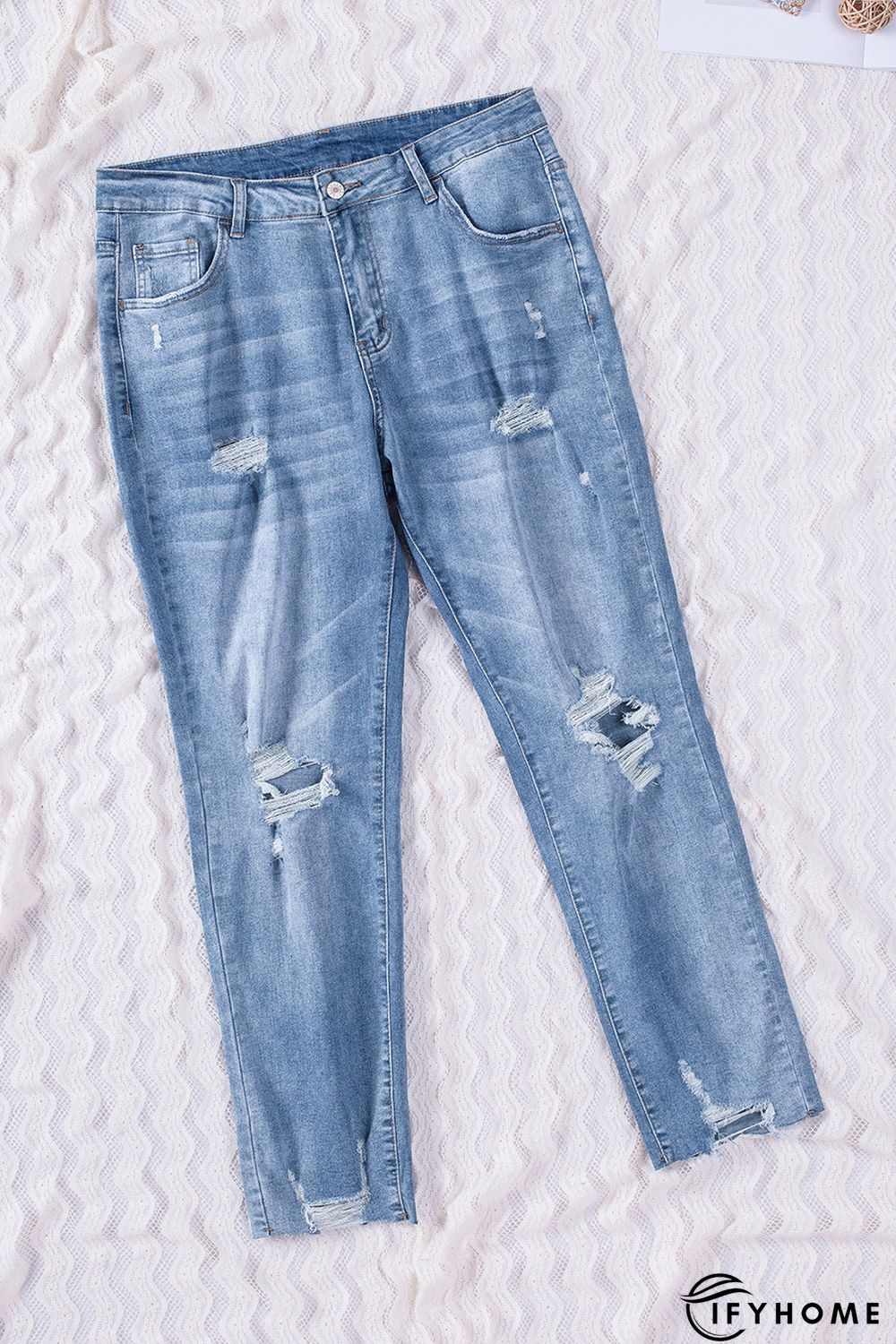 Sky Blue Distressed Holes Frayed Hem Plus Size Jeans | IFYHOME