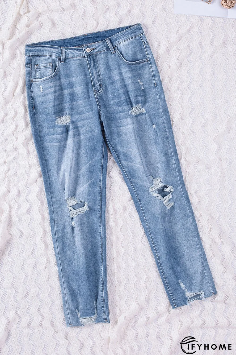 Sky Blue Distressed Holes Frayed Hem Plus Size Jeans | IFYHOME