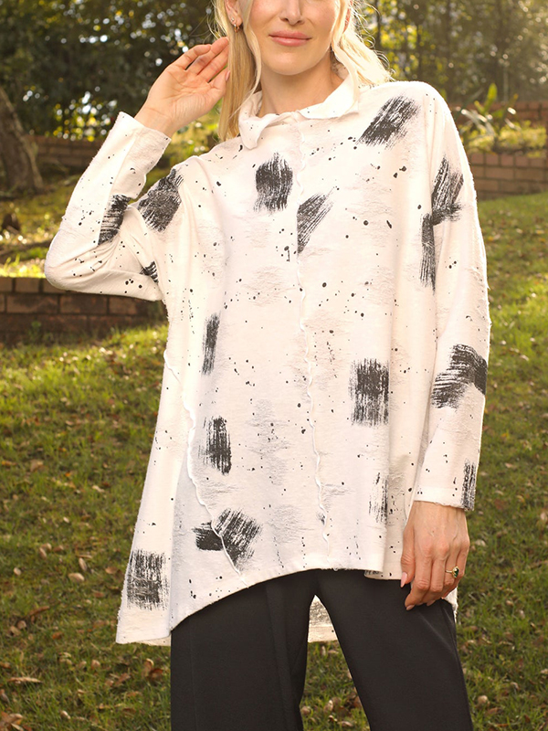 Loose Long Sleeve Lapel Printed A-line Blouses