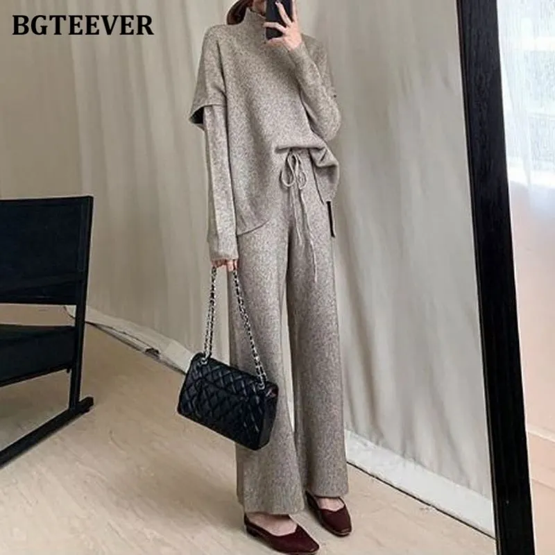 BGTEEVER Winter 3 Pieces Sweater Set Women Half Turtleneck Vest & O-neck Pullovers & Lace-up Loose Pants 2020 Female Knitted Set