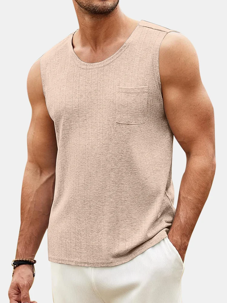 Men's Everyday Comfortable Vertical Stripe Solid Color Pocket Sleeveless T-shirt