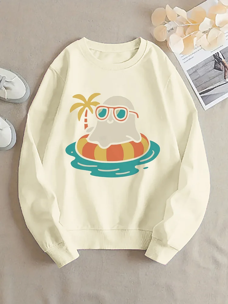Women's Summer Vacation Ghost Print Crew Neck Sweatshirt - Casual Long Sleeve With Tropical Beach Design, Lightweight & Breathable For Beach-Themed Outings, Perfect Gift Idea, Vacation Clothing | Summer Fashion | Casual Style, Vacation Clothe