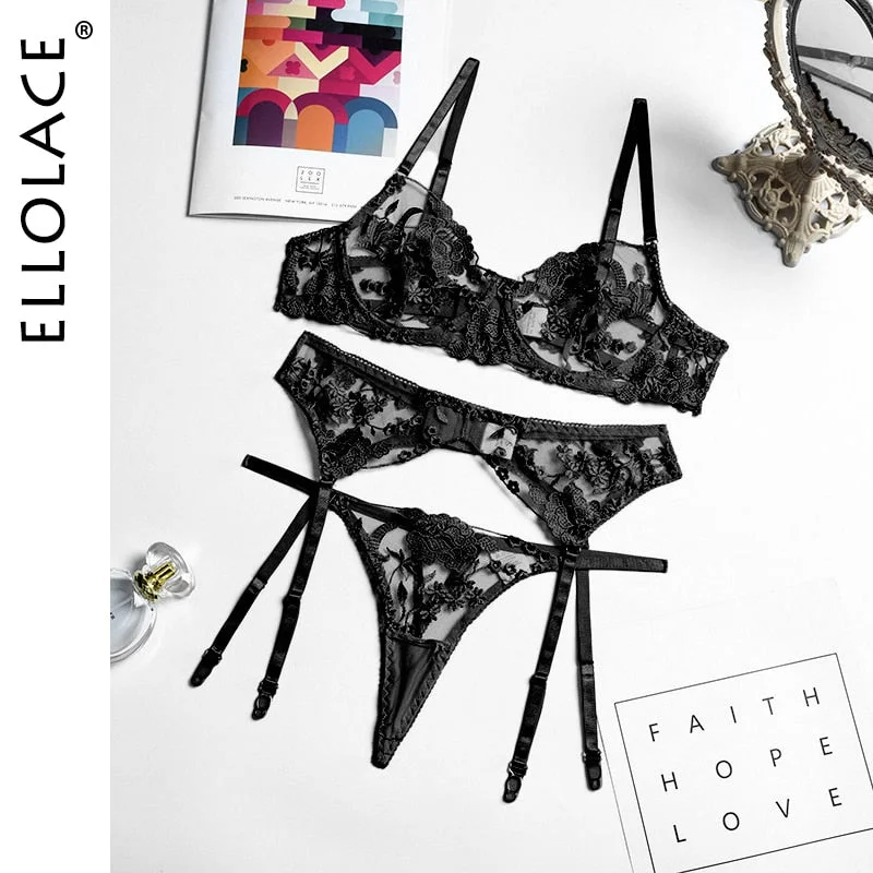 Ellolace Neon Floral Lingerie 3 Piece Set Transparent Underwear Women Push up Bra With Bone Erotic Lingerie Sensual Lingerie Set