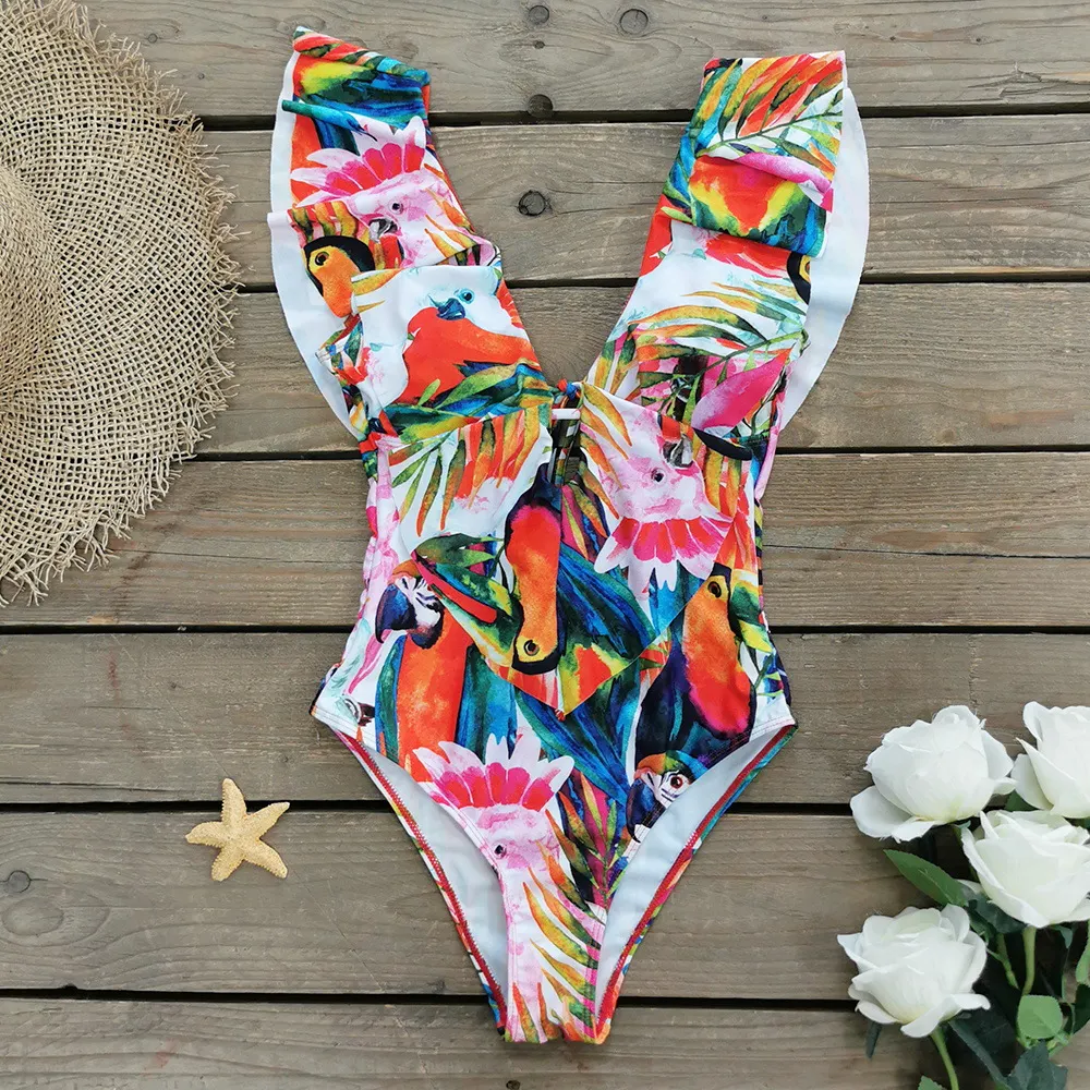 Brownm Printed Flowers Even Lotus Leaf Side Body Swimsuit Women 2025 New Swimsuit Bare Back