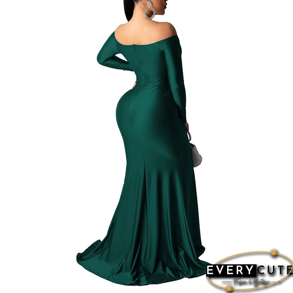 Green V Neck High Split Long Sleeve Party Dress