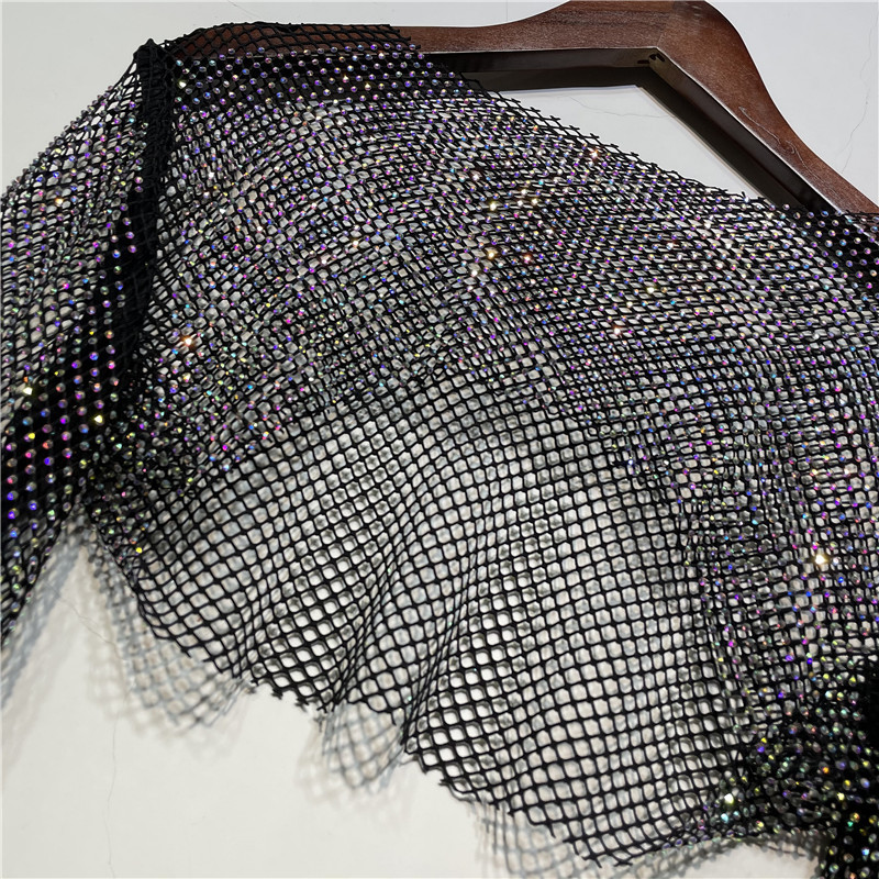 Ootddress Sparkly Crystal Crop Tops For Women Fishnet Hollow Out See Through Cropped Coat Evening Night Club Luxury Top Party Wear