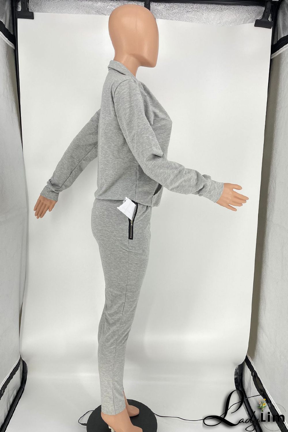 Grey Casual Print Letter Mandarin Collar Long Sleeve Two Pieces