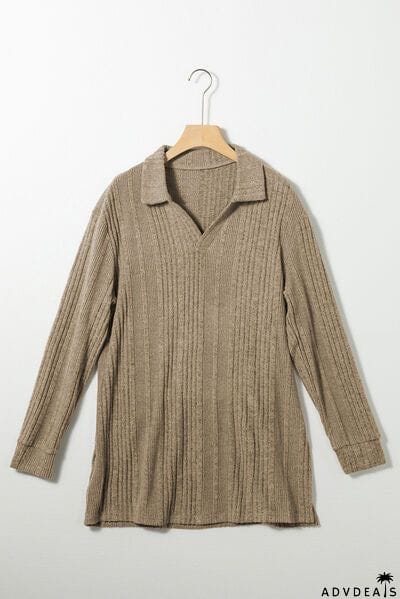 Slit Johnny Collar Long Sleeve Sweater