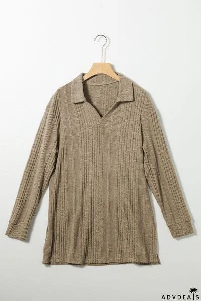 Slit Johnny Collar Long Sleeve Sweater