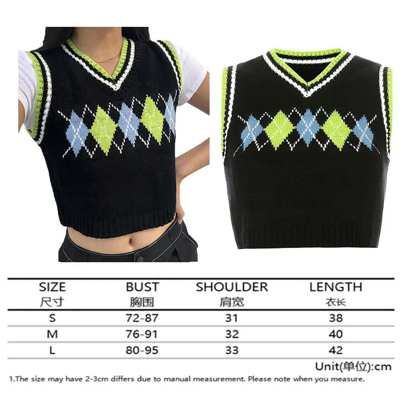 Argyle Sweater Vest Women  Black Sleeveless Plaid Knitted Crop Sweaters Casual Autumn Preppy Style 2020 tops V Neck Vintage