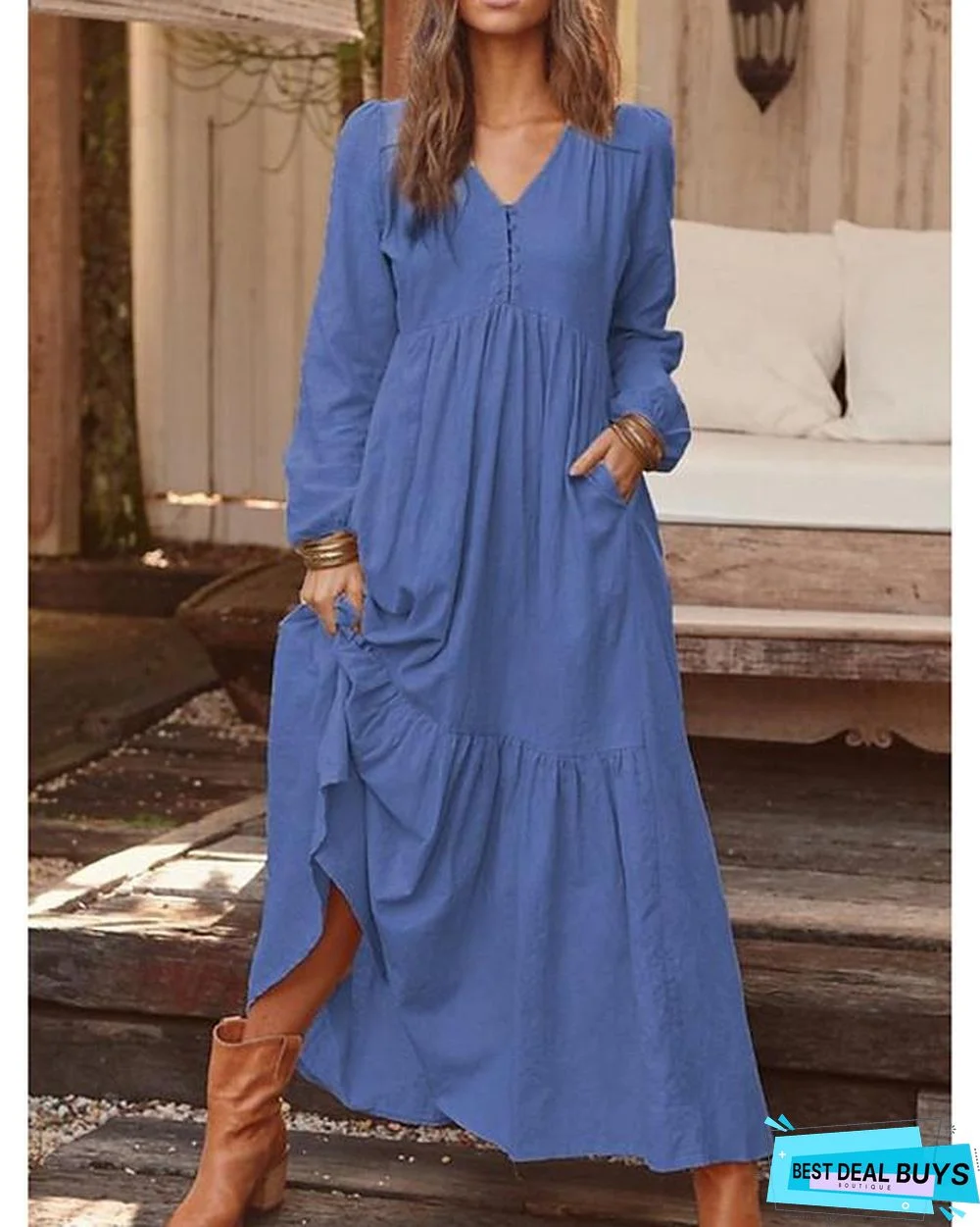 Women's Shift Dress Maxi Long Dress Long Sleeve Solid Color Hot Yellow Royal Blue Light Gray Brown Light Blue