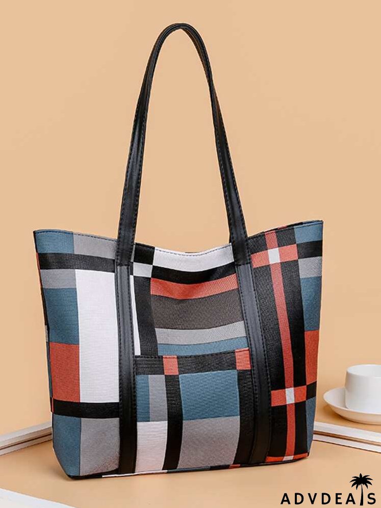Geometric Pattern Color Block Shoulder Tote Bag