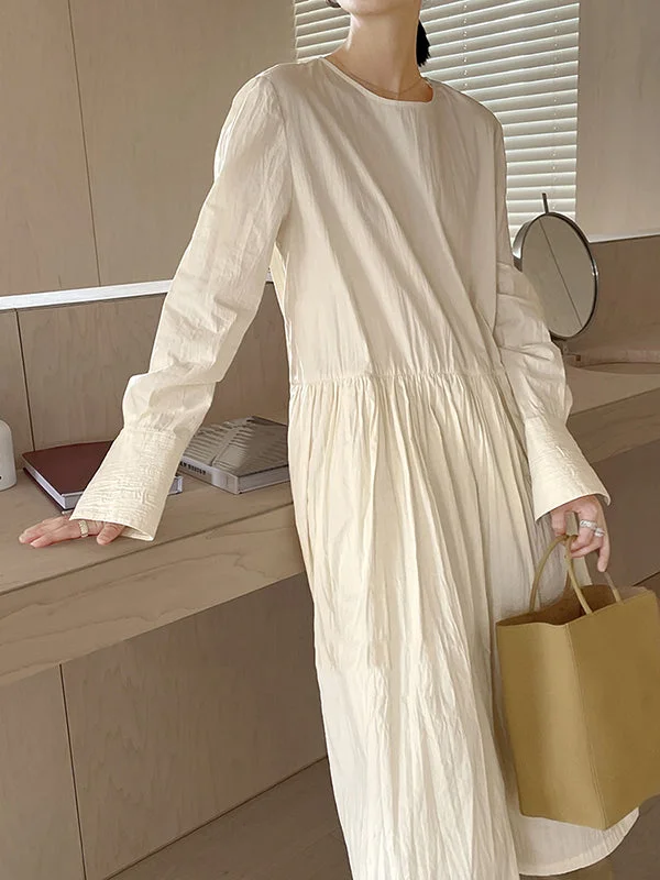 Pleated Solid Color Split-Joint High Waisted Long Sleeves Round-Neck Midi Dresses