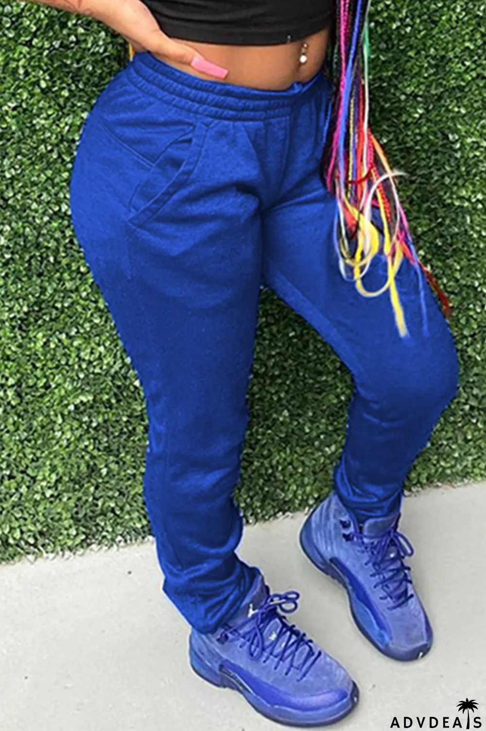 Blue Fashion Casual Solid Mid Waist Trousers