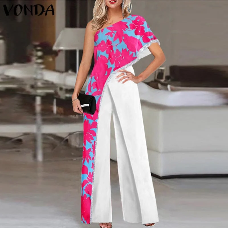 2022 VONDA Women Vintage Wide Leg Rompers Elegant Long Jumpsuits Casual Loose Solid One Shoulder Office Party Overalls Oversized
