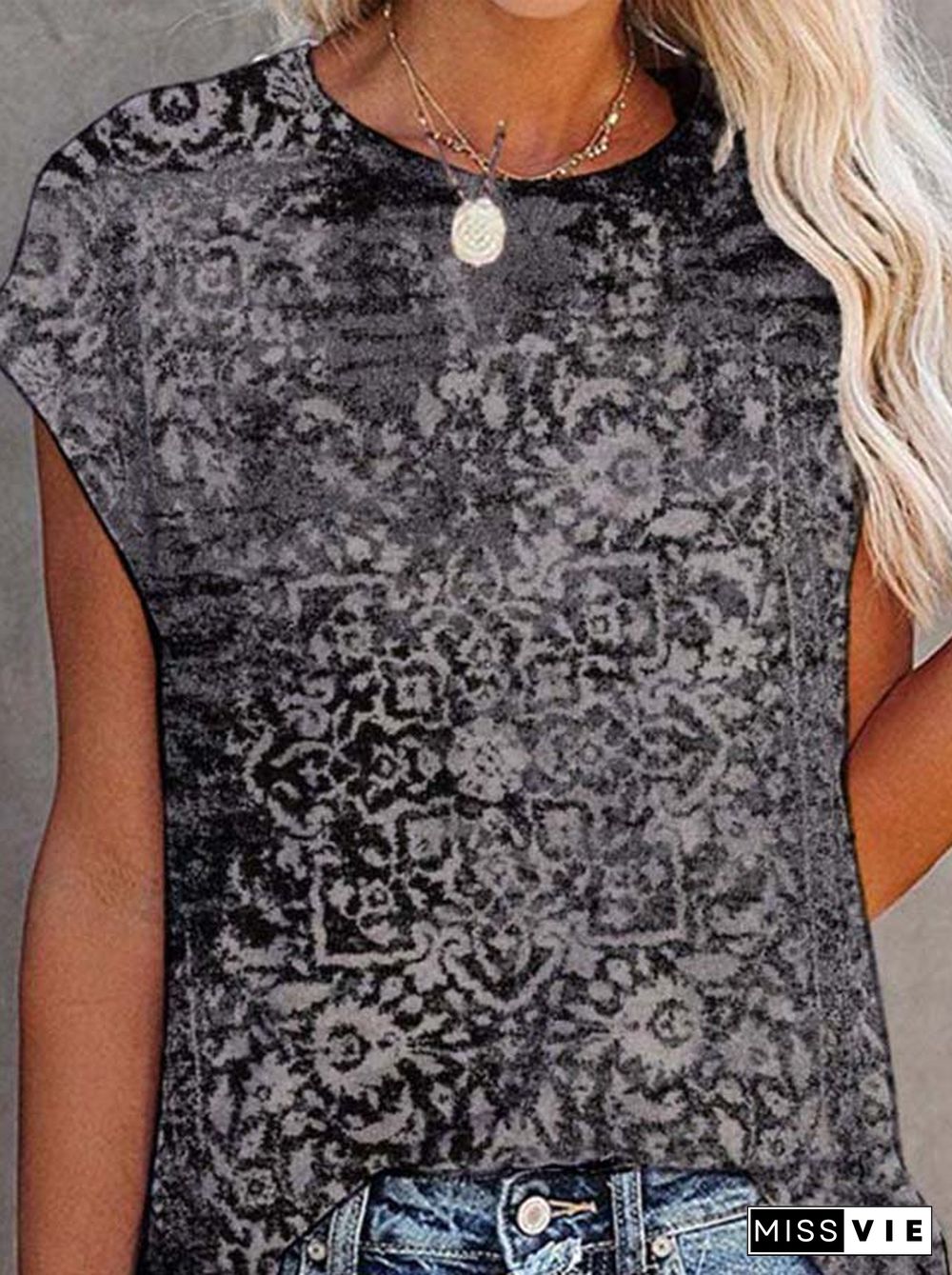 Paisley Short Sleeve Printed Cotton-blend Crew Neck Vintage Summer Black Top