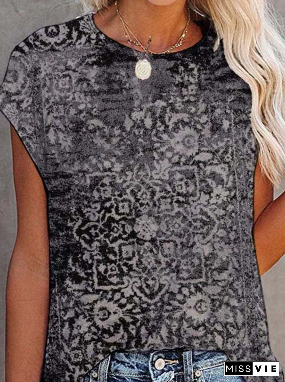 Paisley Short Sleeve Printed Cotton-blend Crew Neck Vintage Summer Black Top