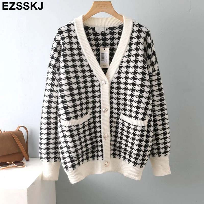 white black  thick Houndstooth sweater cardigans jacket ladies new women thick sweater coat v-neck cardigan jacket coat outwear