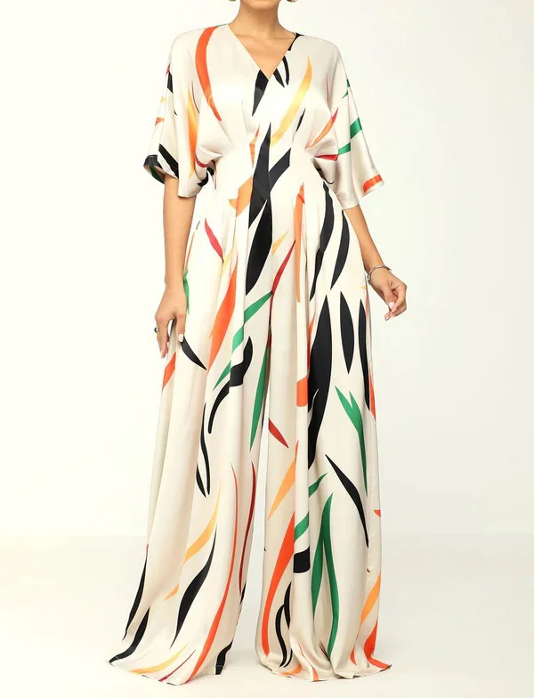 Casual Printed V-neck Wide-leg Jumpsuit