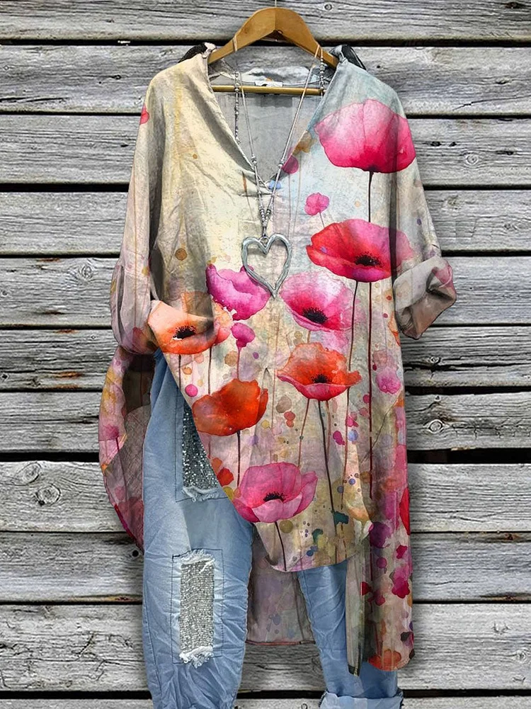 Women's Watercolor Poppy Painting Art Print Casual Cotton And Linen Shirtdress