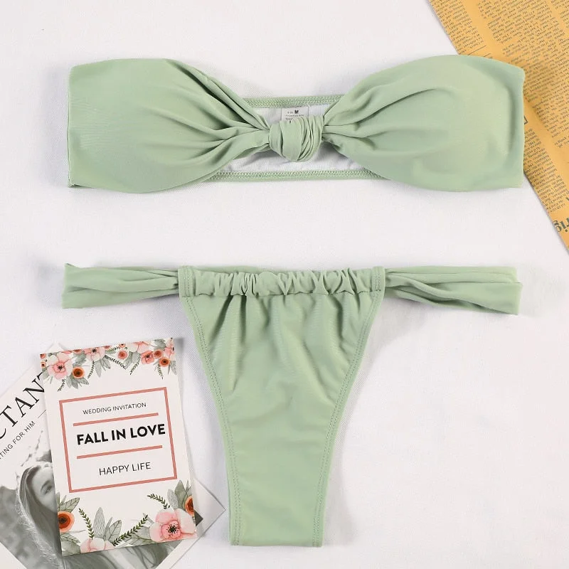 Bikinis 2022 Sexy Floral Swimsuit Woman Green Color Swimwear Micro Thong High Cut Bikini Set Strapless Biquini Bathing Suits