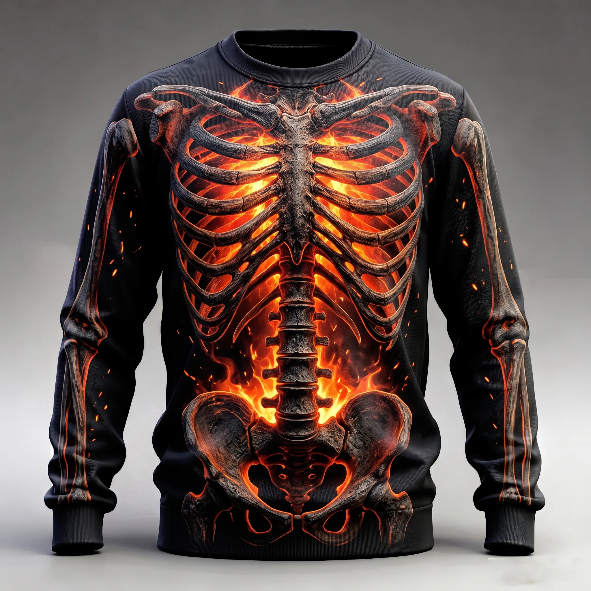 Men's Vintage Halloween Flaming Skeleton Print Crew Neck Long Sleeve Sweatshirt artswardrobe
