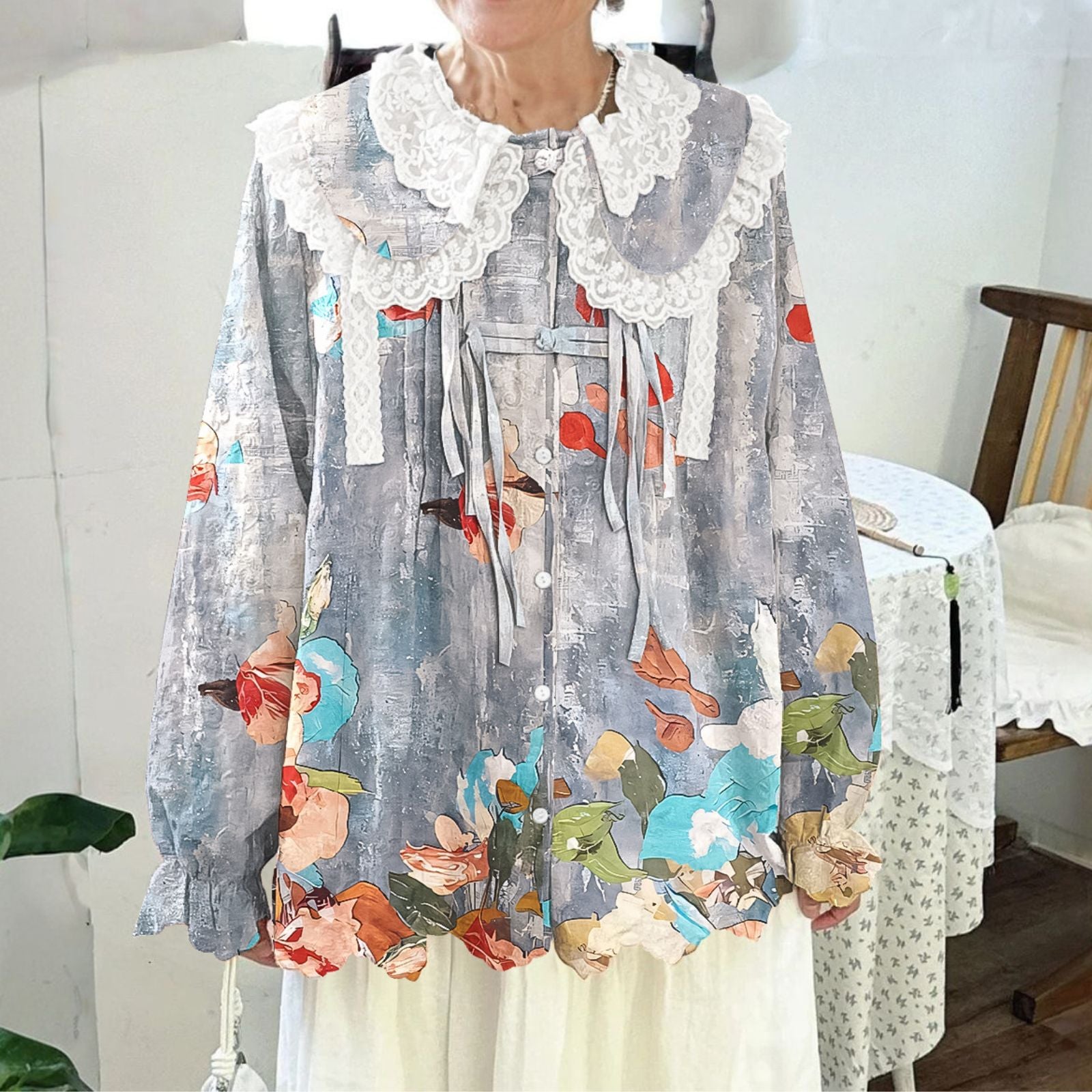 Women Printed Long Sleeve Round-neck  Cute Collar Shirts Blouses Light Gary