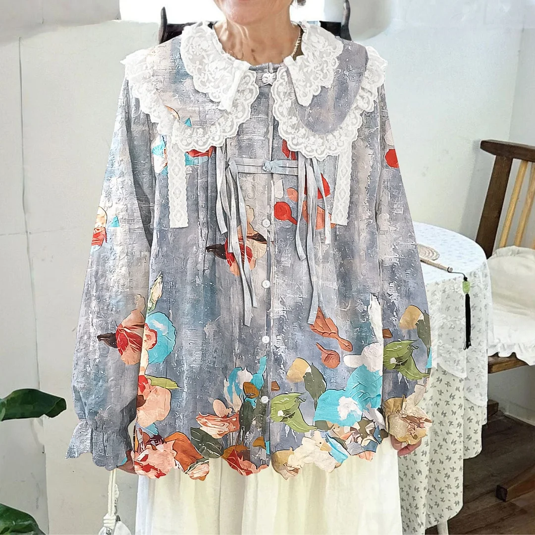 Women Printed Long Sleeve Round-neck  Cute Collar Shirts Blouses Light Gary