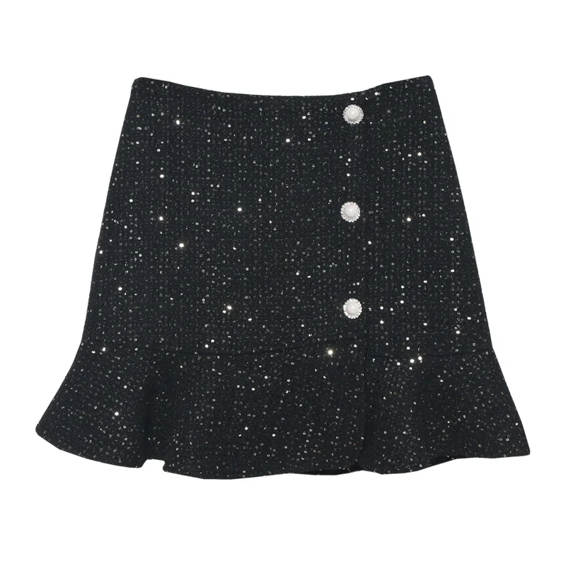 Uveng Small Autumn And Winter Short Skirts Buckle Lotus Leaf Side Fishtail Skirt Anti-Snude Coarse Flowers, Hip Half Skirt 8998