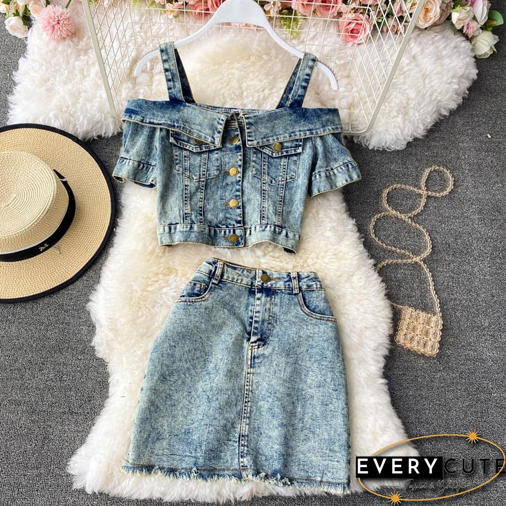 Off Shoulder Denim Two-Piece Set P13585