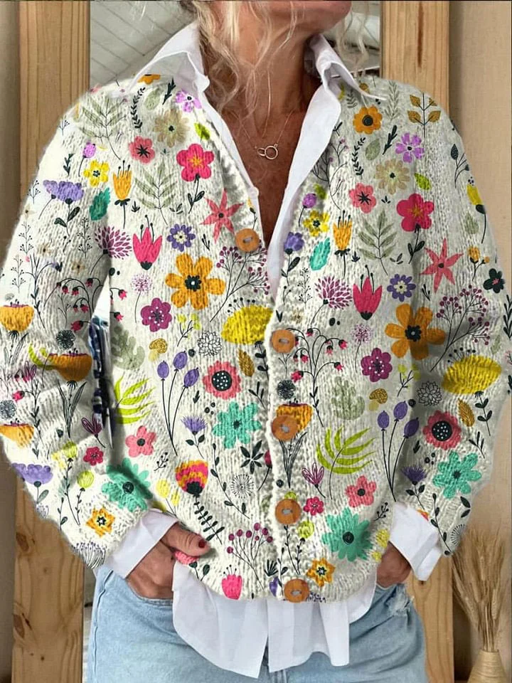 Floral Art Print Buttoned Cardigan Sweater