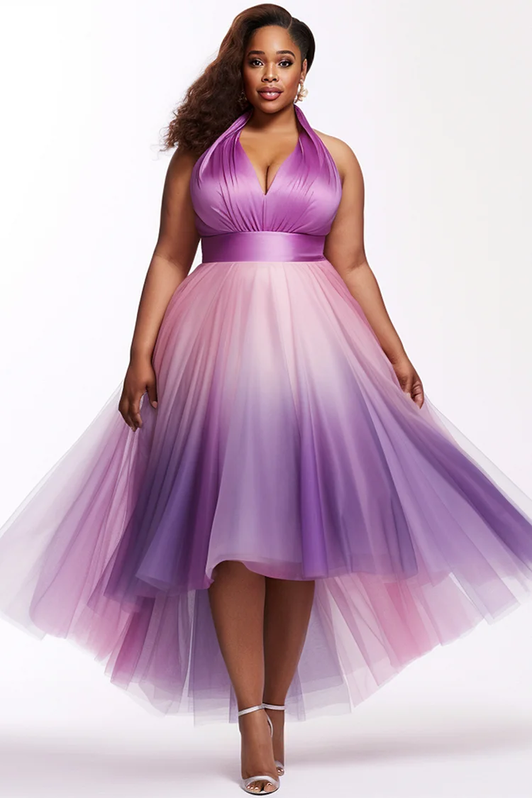 Xpluswear Design Plus Size Prom Purple Gradient Halter Collar Asymmetric Hem Tulle Maxi Dresses [Pre-Order] 2024 - Xpluswear